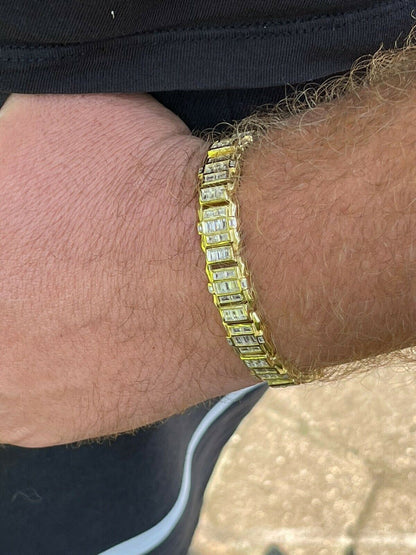 HarlemBling Mens Custom 14K Gold Vermeil Real 925 Silver Bracelet Iced Baguette Diamond Out
