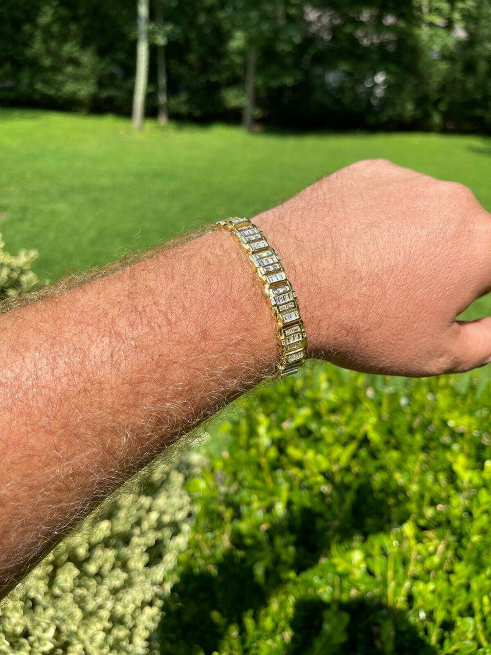 HarlemBling Mens Custom 14K Gold Vermeil Real 925 Silver Bracelet Iced Baguette Diamond Out