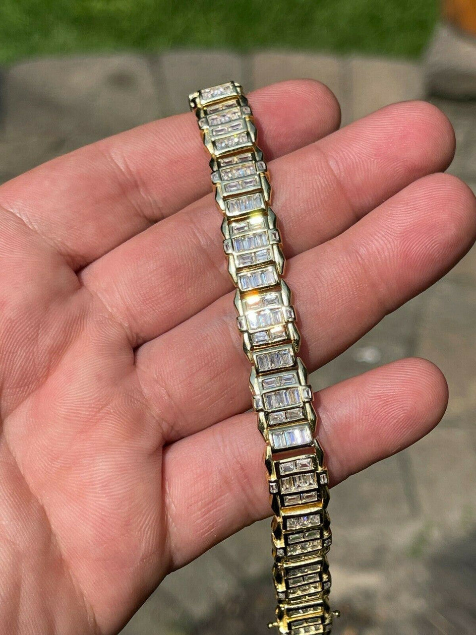 HarlemBling Mens Custom 14K Gold Vermeil Real 925 Silver Bracelet Iced Baguette Diamond Out