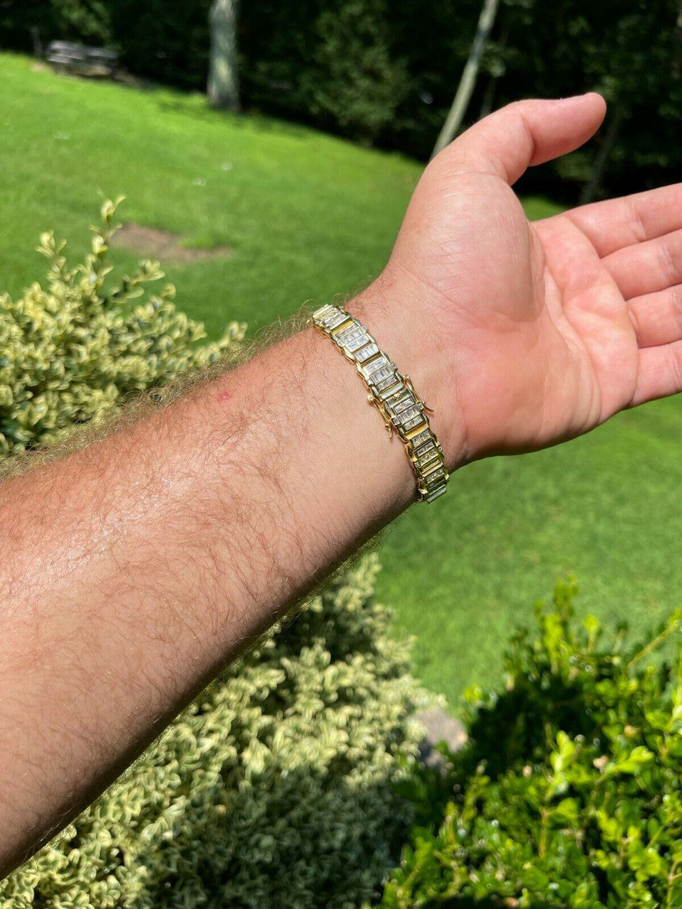 HarlemBling Mens Custom 14K Gold Vermeil Real 925 Silver Bracelet Iced Baguette Diamond Out