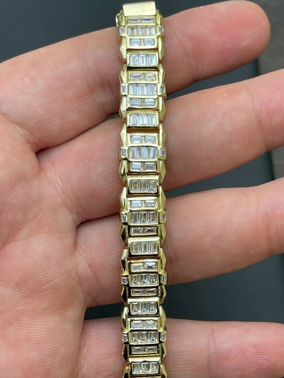 HarlemBling Mens Custom 14K Gold Vermeil Real 925 Silver Bracelet Iced Baguette Diamond Out