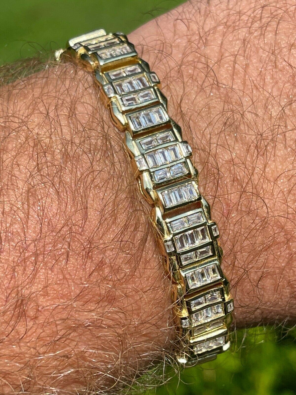 HarlemBling Mens Custom 14K Gold Vermeil Real 925 Silver Bracelet Iced Baguette Diamond Out
