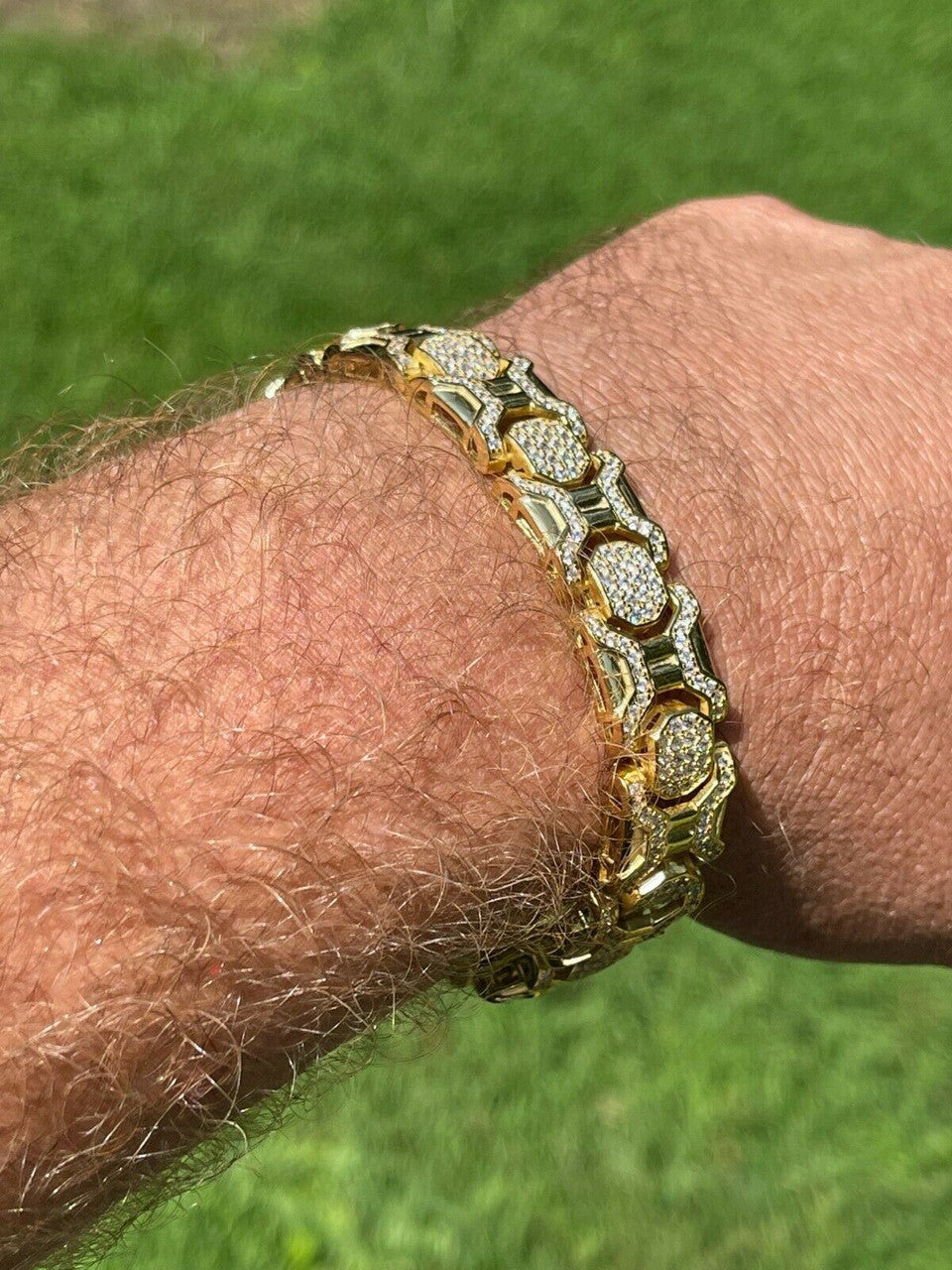 HarlemBling Mens Custom 14k Gold Vermeil Real 925 Sterling Silver Bracelet Iced Diamond Out