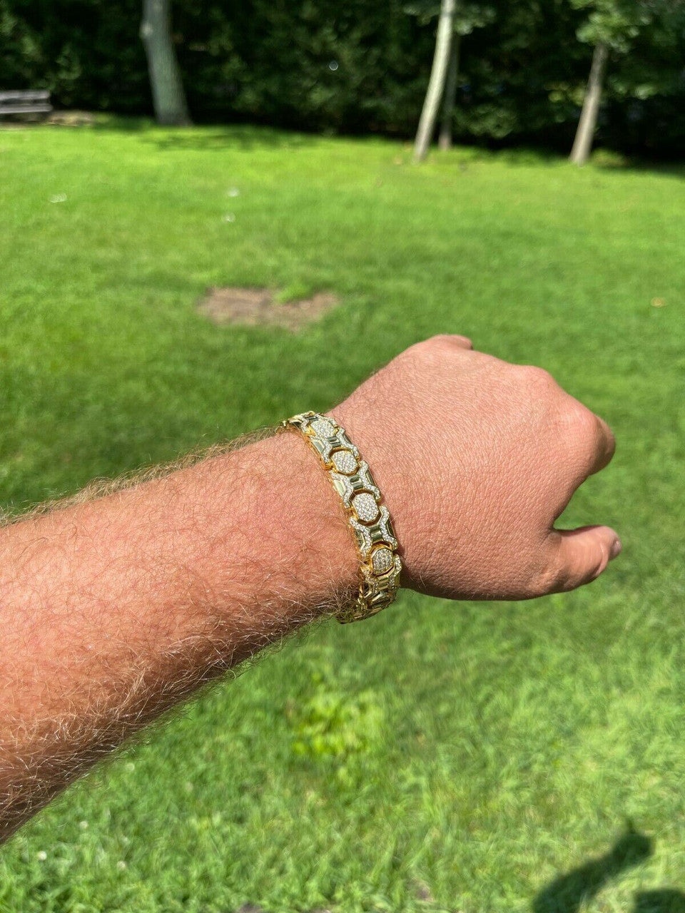 HarlemBling Mens Custom 14k Gold Vermeil Real 925 Sterling Silver Bracelet Iced Diamond Out