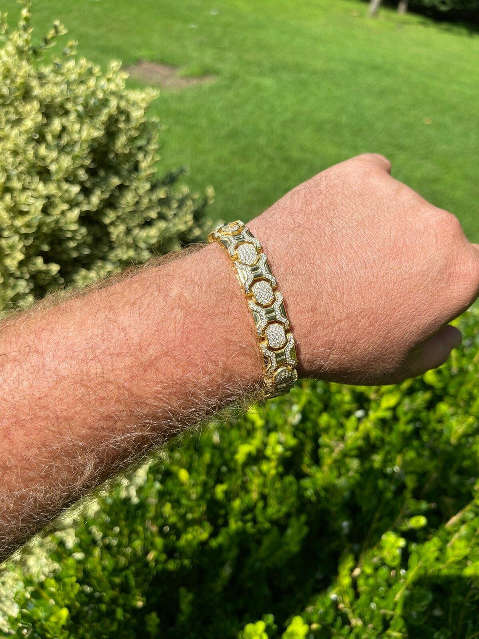 HarlemBling Mens Custom 14k Gold Vermeil Real 925 Sterling Silver Bracelet Iced Diamond Out