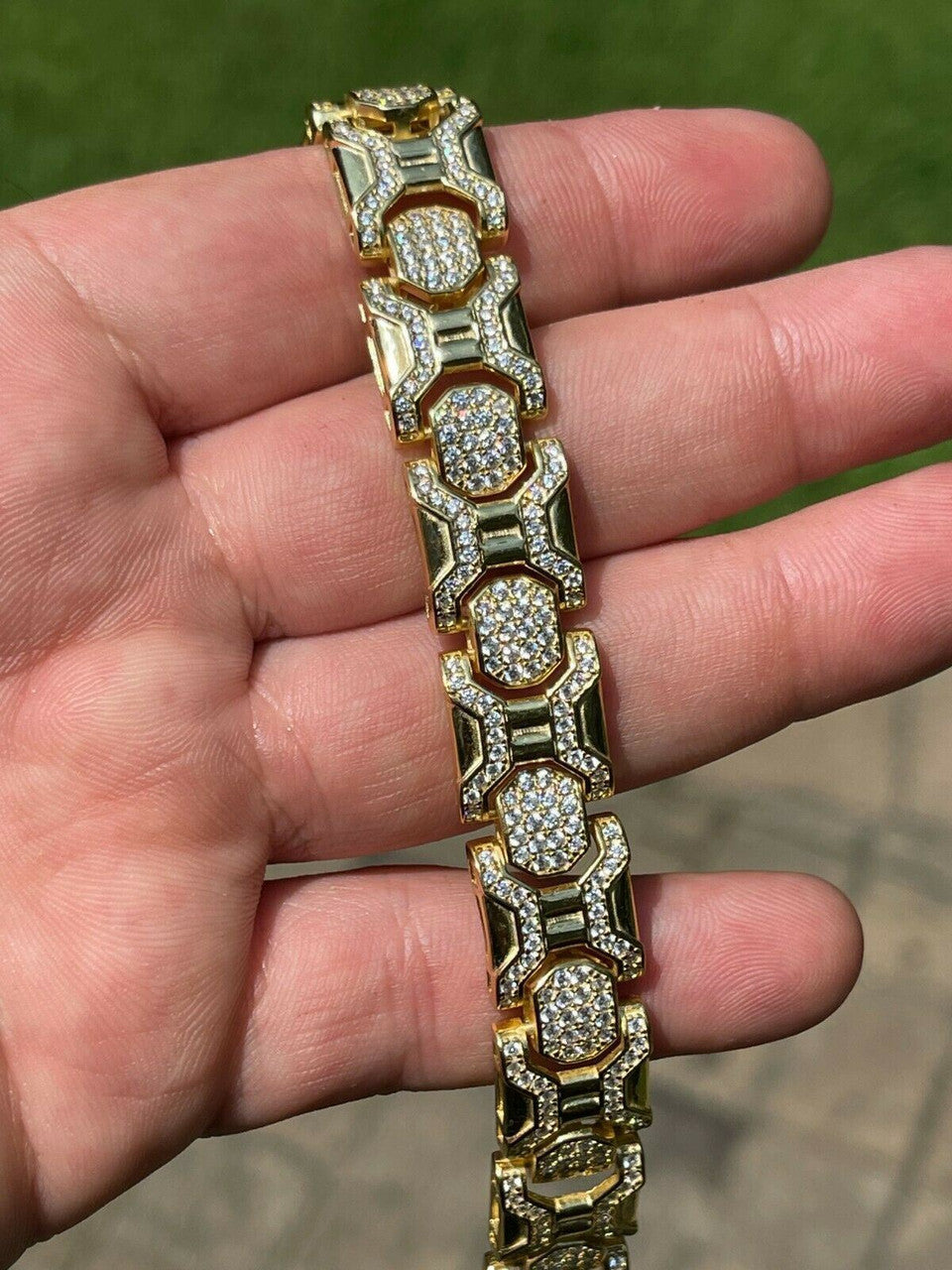 HarlemBling Mens Custom 14k Gold Vermeil Real 925 Sterling Silver Bracelet Iced Diamond Out