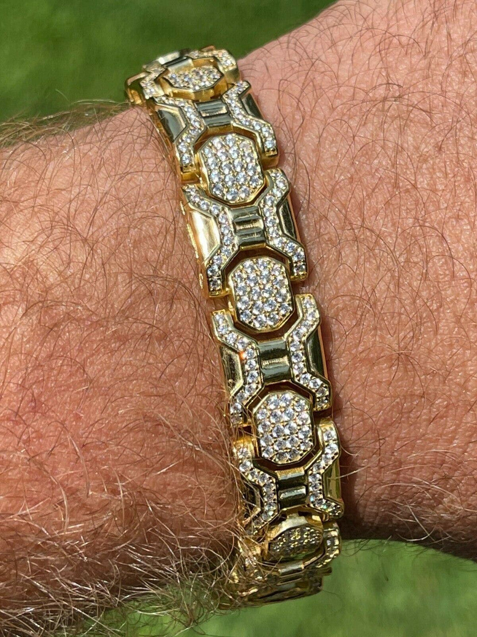 HarlemBling Mens Custom 14k Gold Vermeil Real 925 Sterling Silver Bracelet Iced Diamond Out
