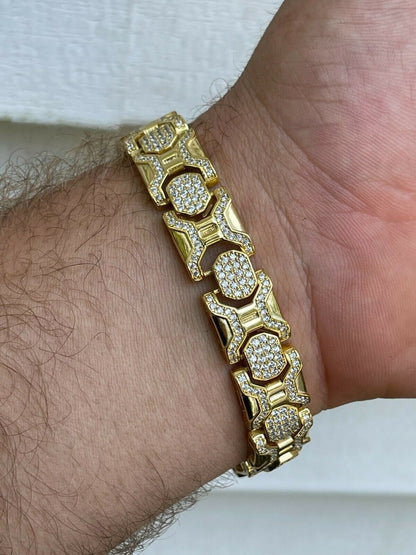 HarlemBling Mens Custom 14k Gold Vermeil Real 925 Sterling Silver Bracelet Iced Diamond Out