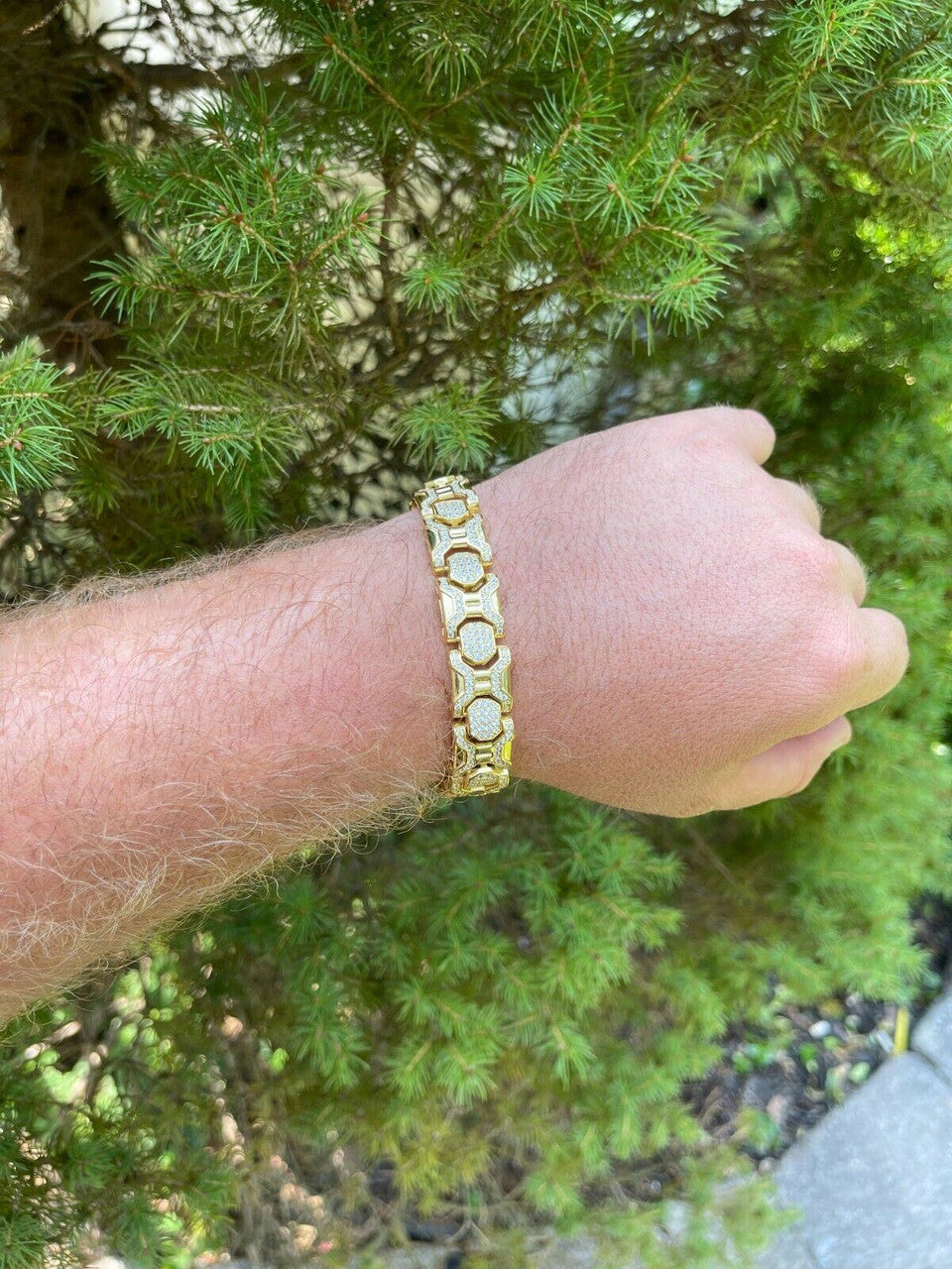 HarlemBling Mens Custom 14k Gold Vermeil Real 925 Sterling Silver Bracelet Iced Diamond Out