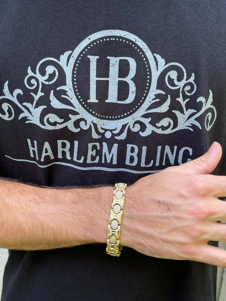 HarlemBling Mens Custom 14k Gold Vermeil Real 925 Sterling Silver Bracelet Iced Diamond Out