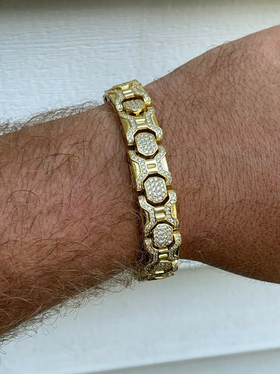 HarlemBling Mens Custom 14k Gold Vermeil Real 925 Sterling Silver Bracelet Iced Diamond Out