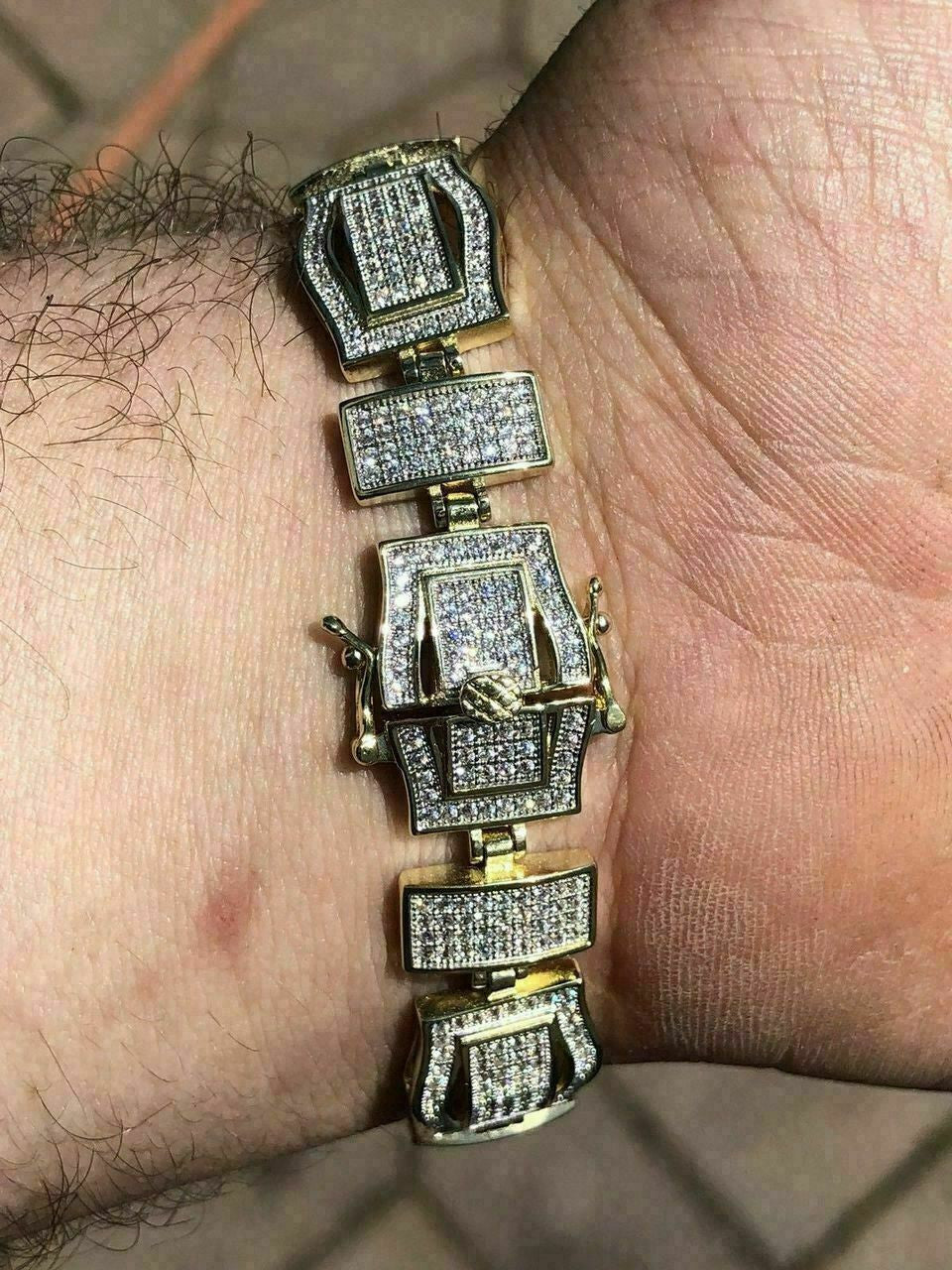 HarlemBling Mens Custom Bracelet 14k Yellow Gold Over Solid 925 Silver 10ct Manmade Diamonds