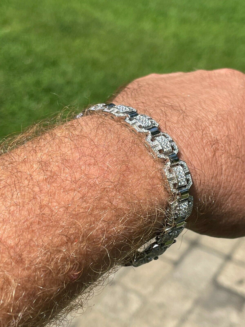 HarlemBling Mens Custom Designer Square Link Real 925 Sterling Silver Bracelet Iced Diamond