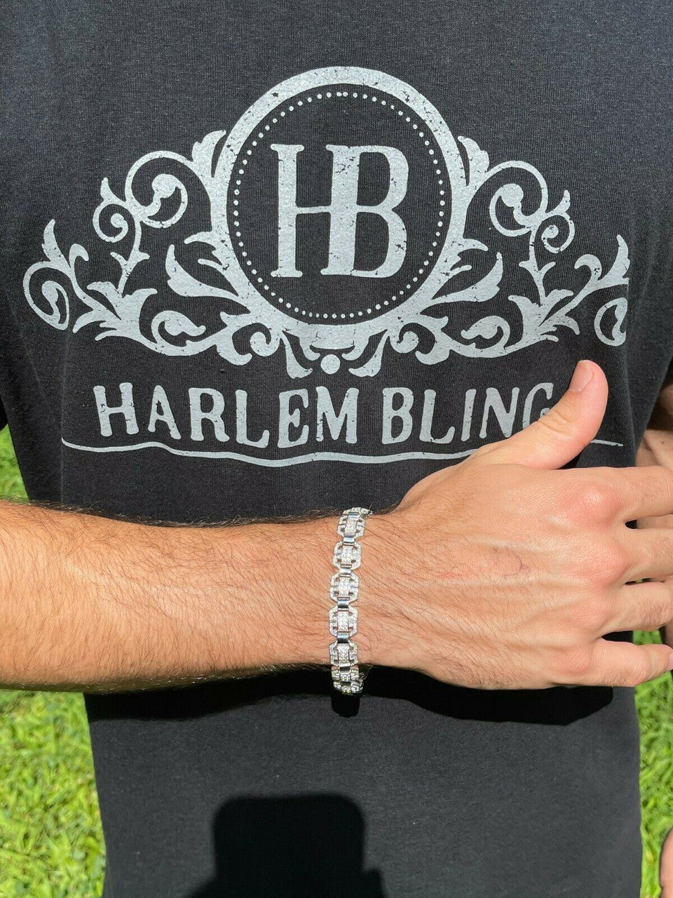 HarlemBling Mens Custom Designer Square Link Real 925 Sterling Silver Bracelet Iced Diamond