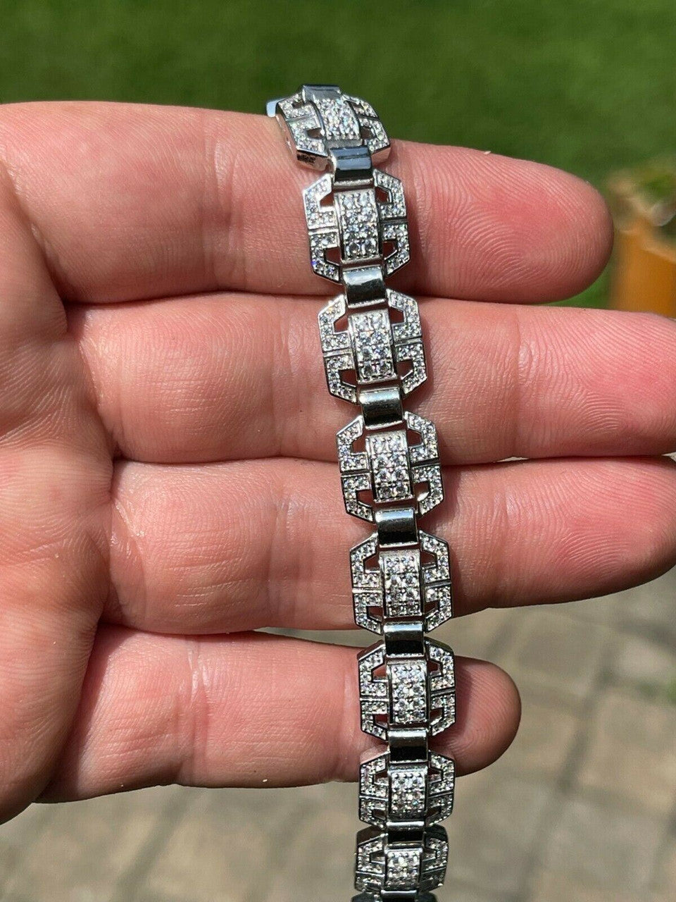 HarlemBling Mens Custom Designer Square Link Real 925 Sterling Silver Bracelet Iced Diamond