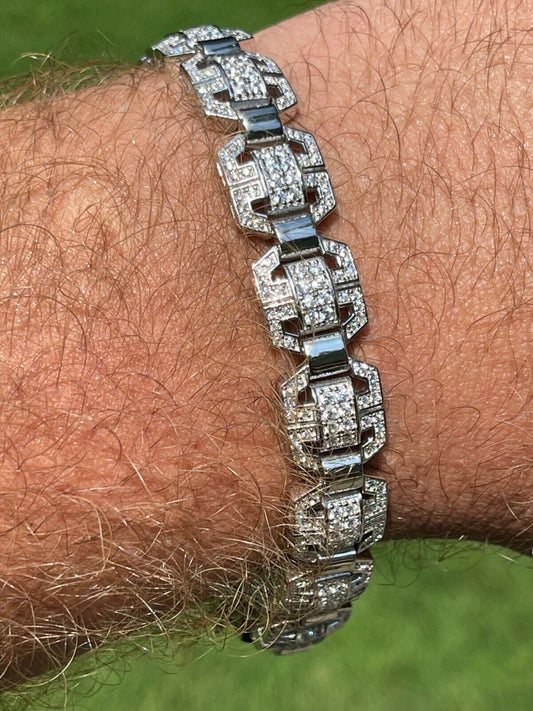 HarlemBling Mens Custom Designer Square Link Real 925 Sterling Silver Bracelet Iced Diamond