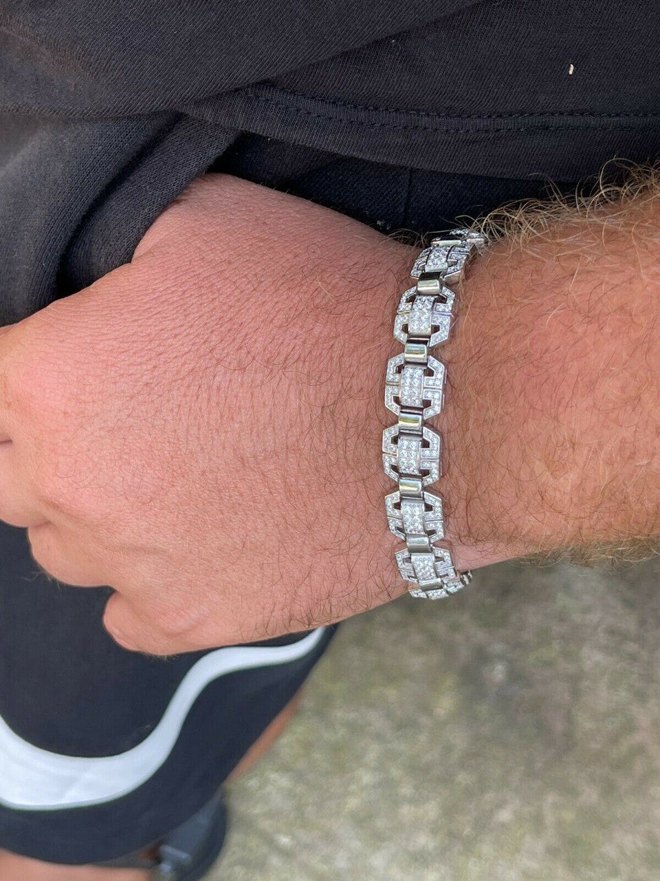 HarlemBling Mens Custom Designer Square Link Real 925 Sterling Silver Bracelet Iced Diamond