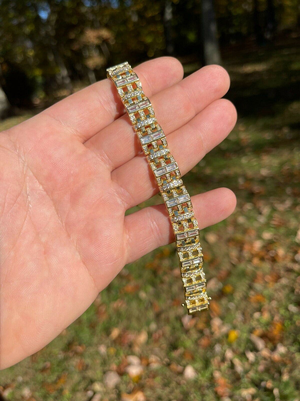 HarlemBling Mens Custom Link Bracelet Real 14k Gold Vermeil Silver Iced Baguette Out Diamond