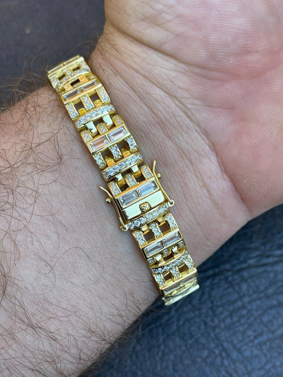 HarlemBling Mens Custom Link Bracelet Real 14k Gold Vermeil Silver Iced Baguette Out Diamond