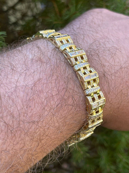 HarlemBling Mens Custom Link Bracelet Real 14k Gold Vermeil Silver Iced Baguette Out Diamond
