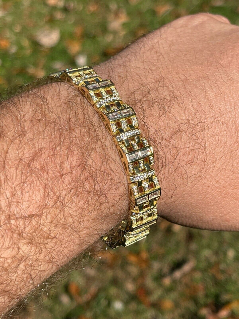 HarlemBling Mens Custom Link Bracelet Real 14k Gold Vermeil Silver Iced Baguette Out Diamond