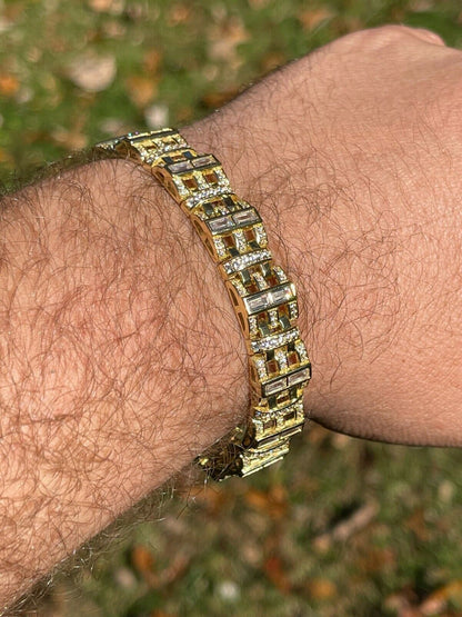 HarlemBling Mens Custom Link Bracelet Real 14k Gold Vermeil Silver Iced Baguette Out Diamond