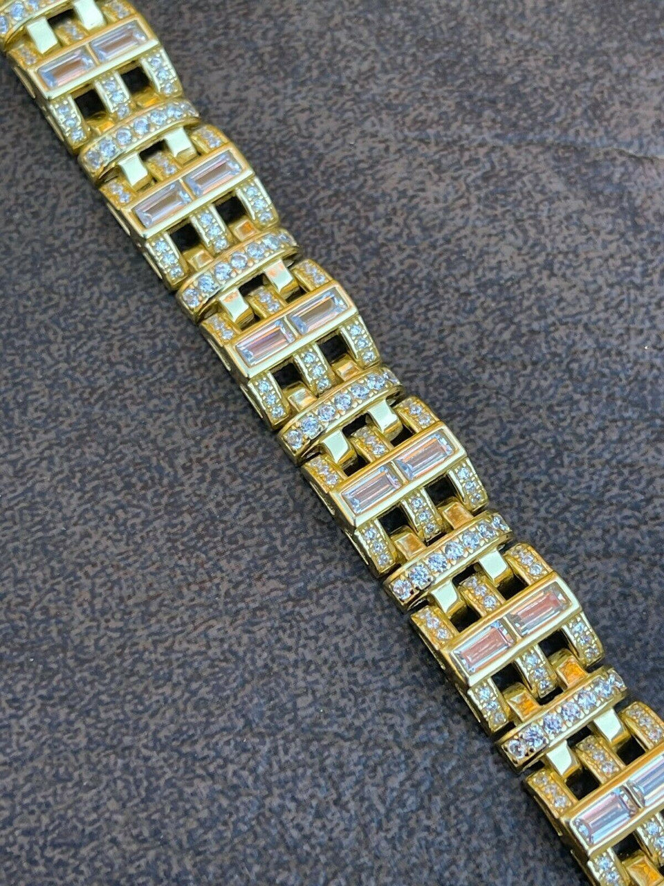 HarlemBling Mens Custom Link Bracelet Real 14k Gold Vermeil Silver Iced Baguette Out Diamond
