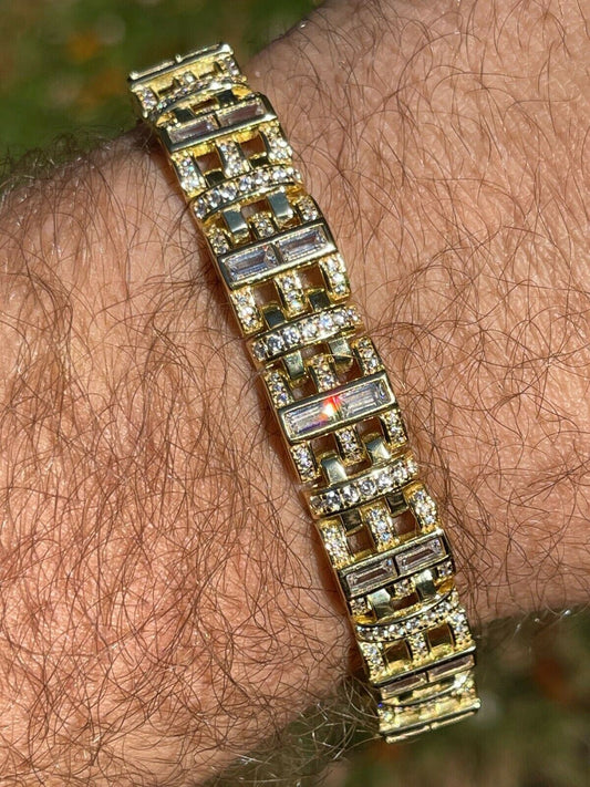 HarlemBling Mens Custom Link Bracelet Real 14k Gold Vermeil Silver Iced Baguette Out Diamond