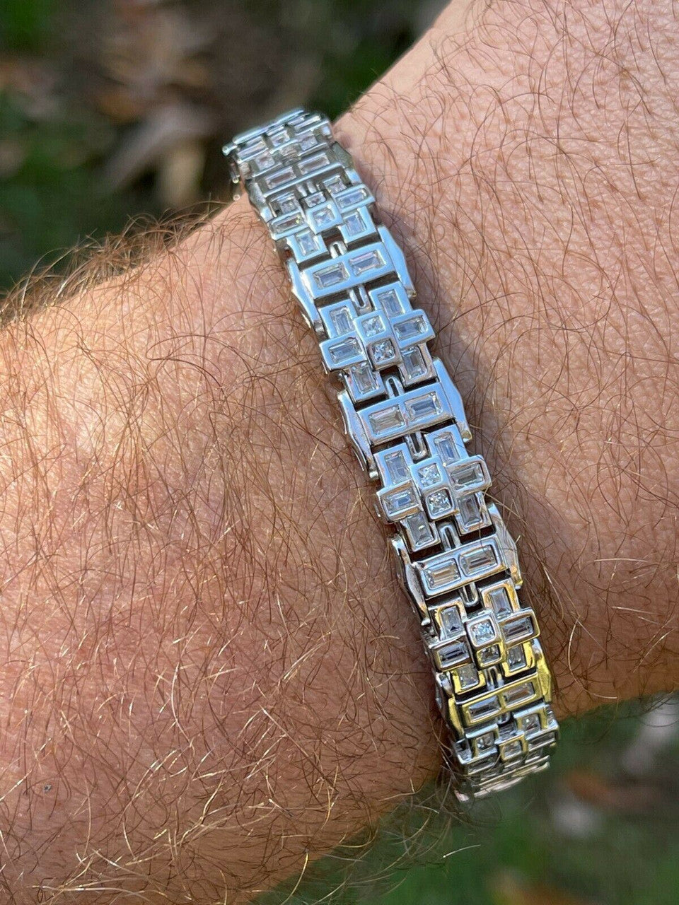 HarlemBling Mens Custom Link Bracelet Real 925 Sterling Silver Iced Baguette Diamond Hip Hop