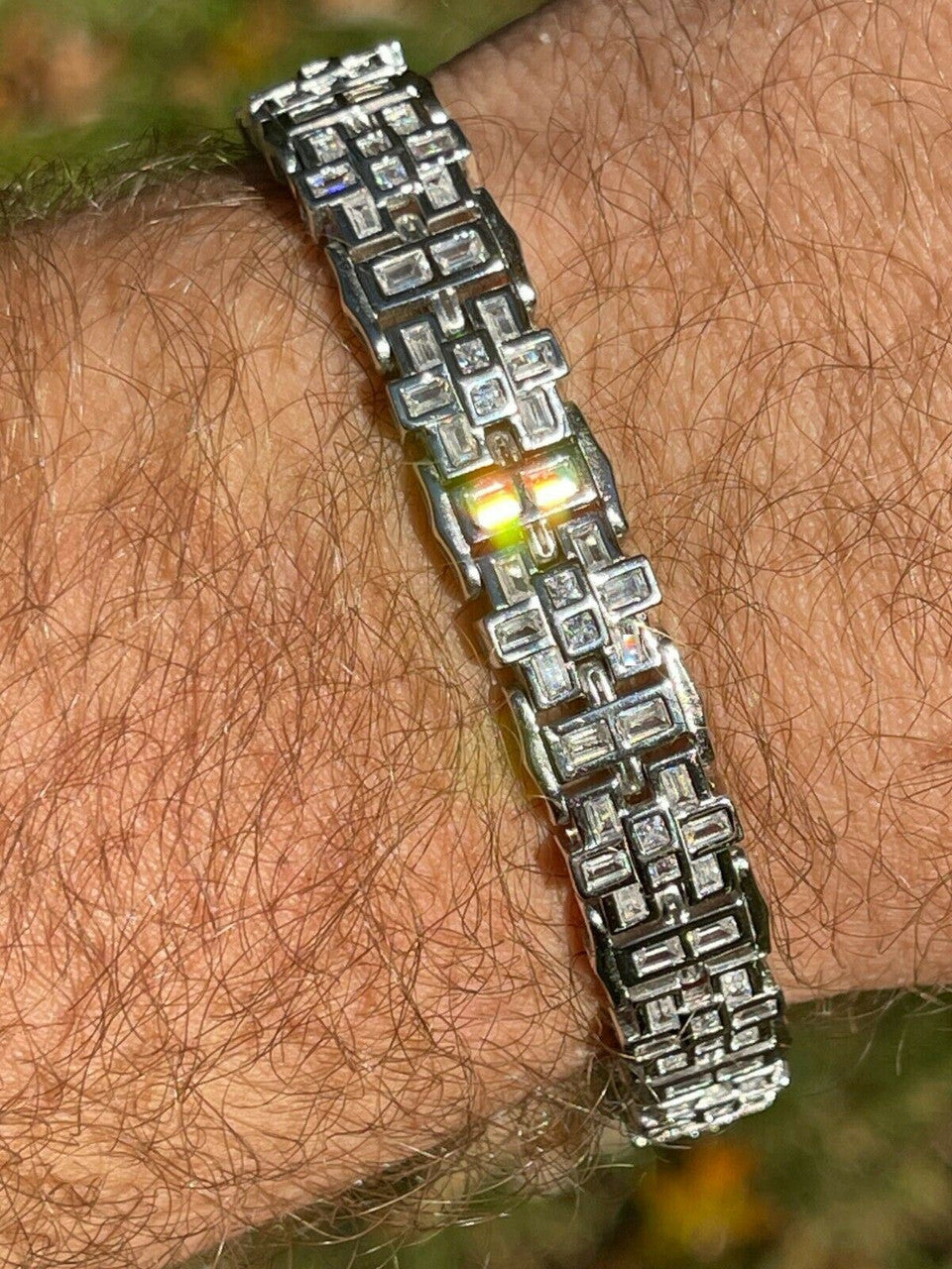 HarlemBling Mens Custom Link Bracelet Real 925 Sterling Silver Iced Baguette Diamond Hip Hop