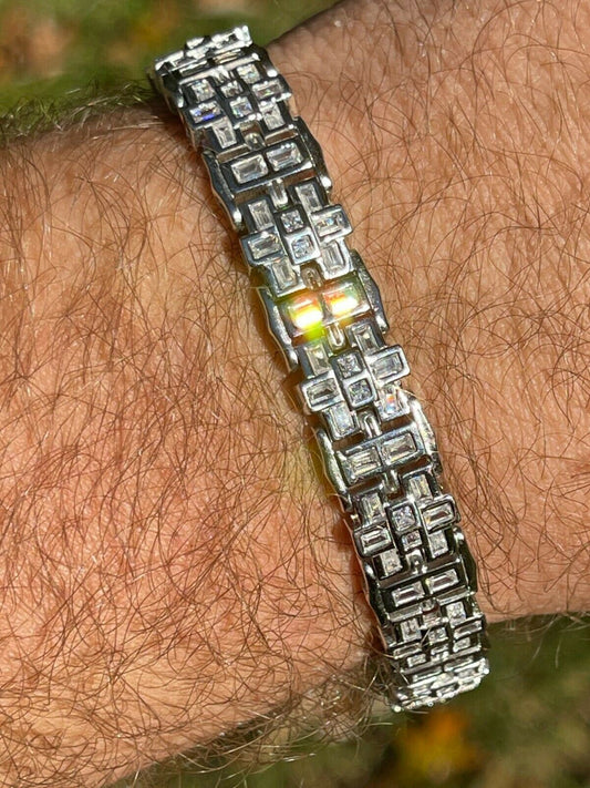 HarlemBling Mens Custom Link Bracelet Real 925 Sterling Silver Iced Baguette Diamond Hip Hop