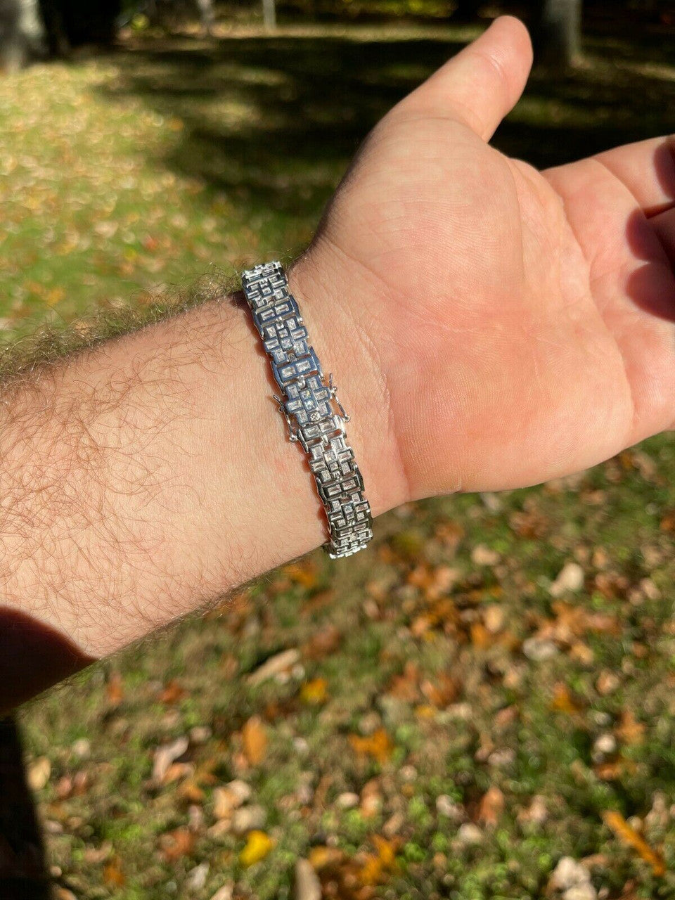 HarlemBling Mens Custom Link Bracelet Real 925 Sterling Silver Iced Baguette Diamond Hip Hop