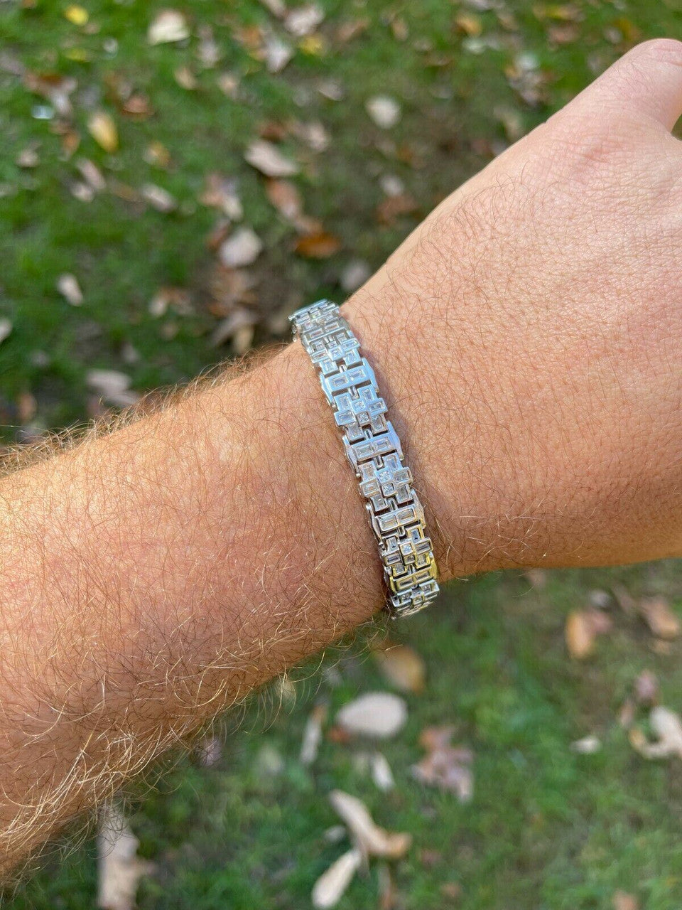 HarlemBling Mens Custom Link Bracelet Real 925 Sterling Silver Iced Baguette Diamond Hip Hop