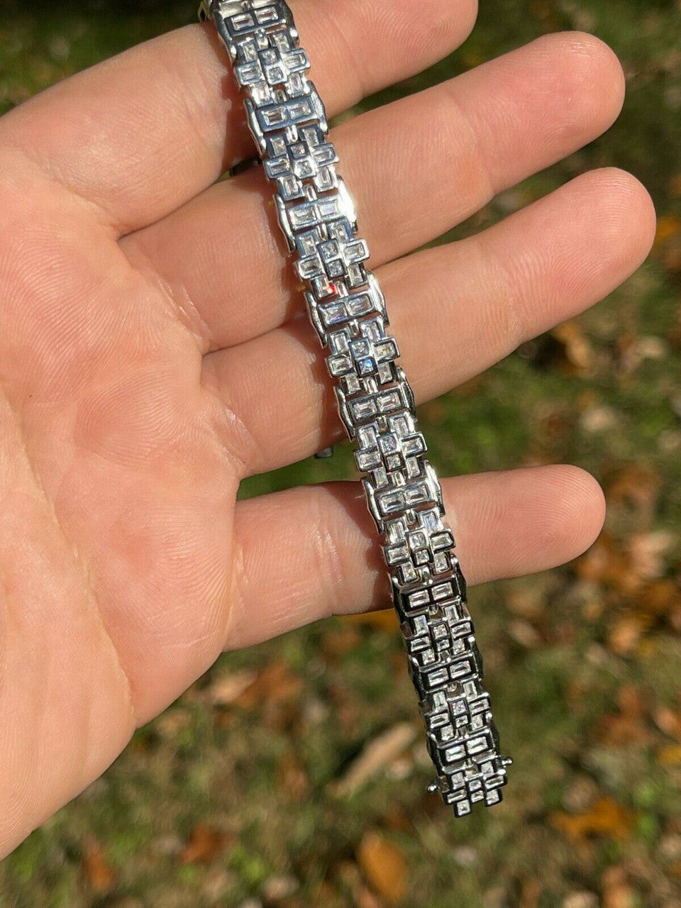 HarlemBling Mens Custom Link Bracelet Real 925 Sterling Silver Iced Baguette Diamond Hip Hop