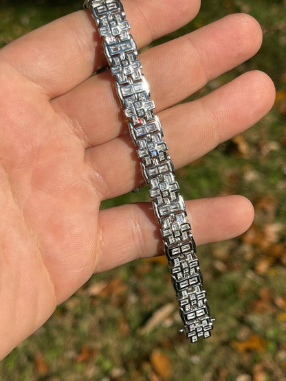 HarlemBling Mens Custom Link Bracelet Real 925 Sterling Silver Iced Baguette Diamond Hip Hop