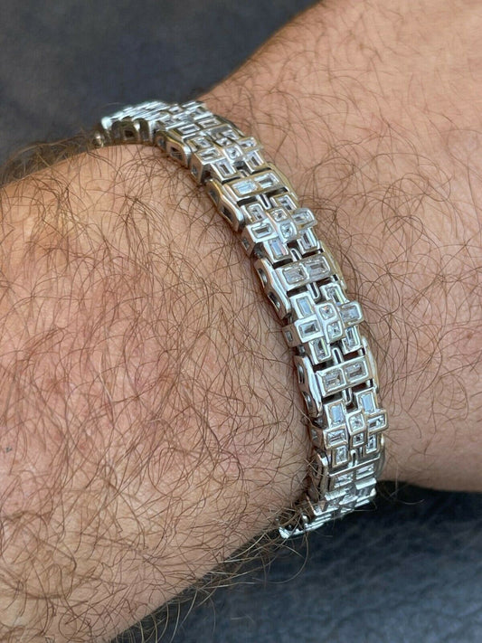 HarlemBling Mens Custom Link Bracelet Real 925 Sterling Silver Iced Baguette Diamond Hip Hop