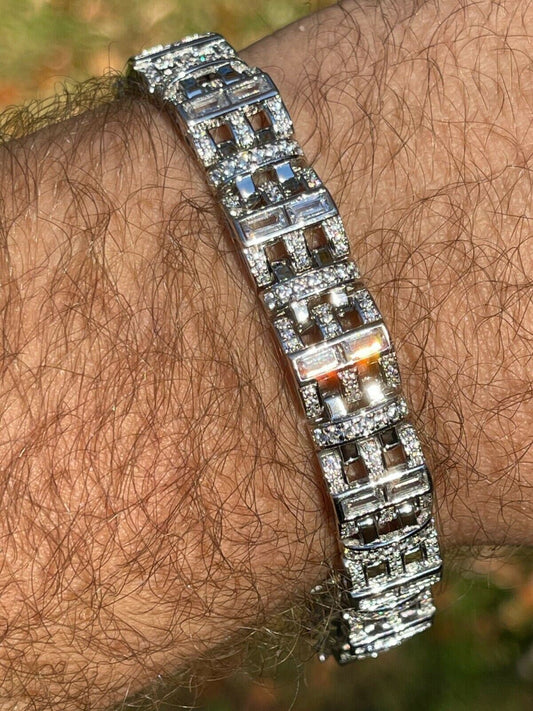 HarlemBling Mens Custom Link Bracelet Real 925 Sterling Silver Iced Baguette Out Diamond