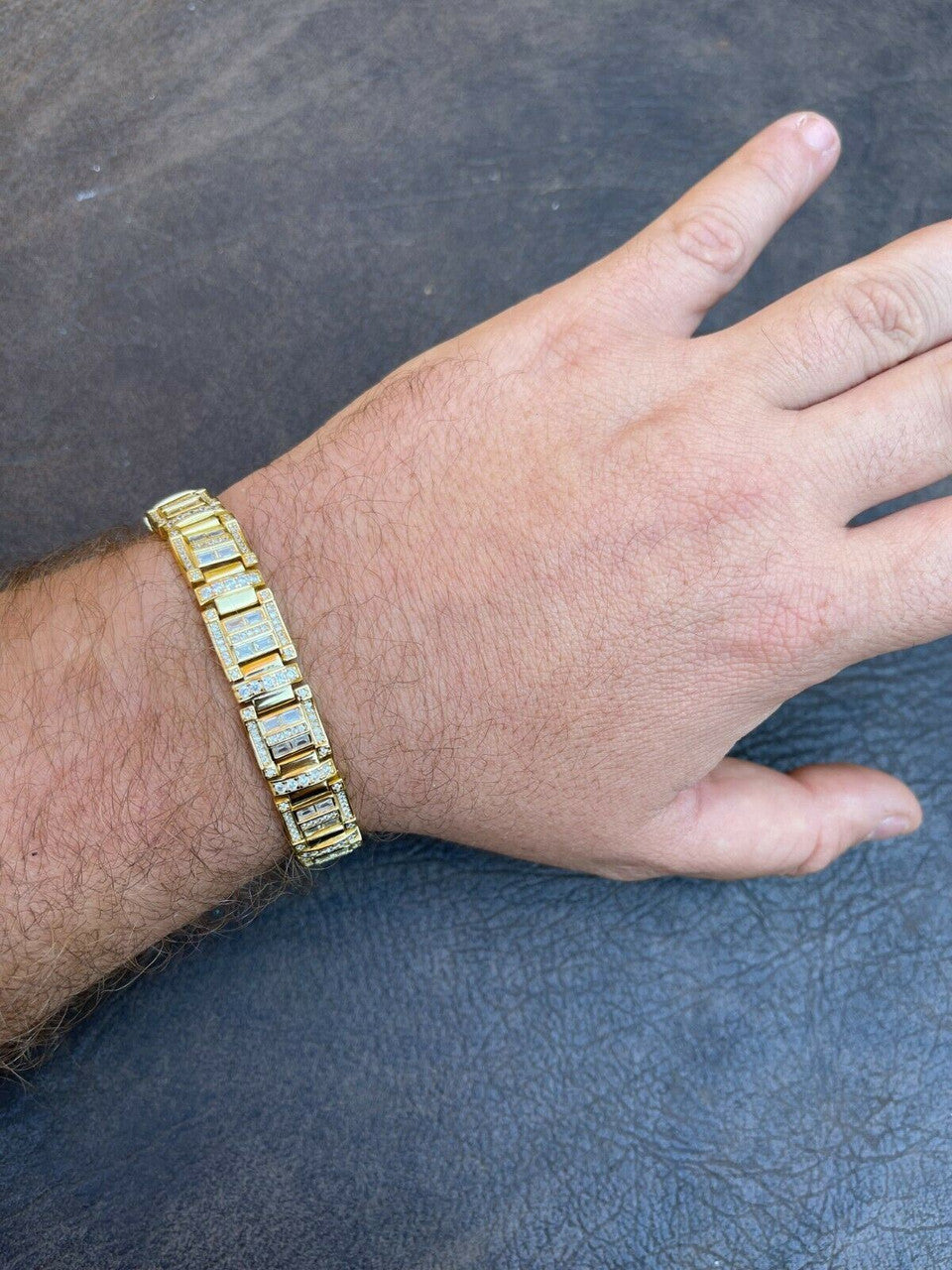 HarlemBling Mens Custom Link Real 14k Gold Vermeil Silver Bracelet Iced Baguette Out Diamond