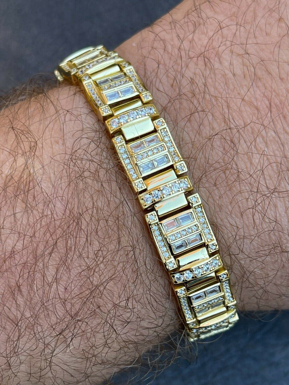 HarlemBling Mens Custom Link Real 14k Gold Vermeil Silver Bracelet Iced Baguette Out Diamond