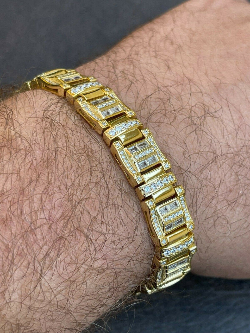 HarlemBling Mens Custom Link Real 14k Gold Vermeil Silver Bracelet Iced Baguette Out Diamond