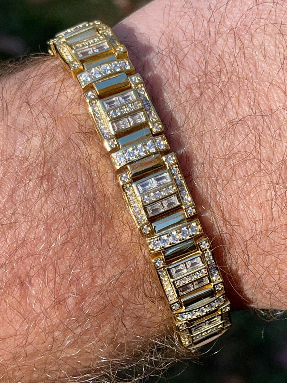 HarlemBling Mens Custom Link Real 14k Gold Vermeil Silver Bracelet Iced Baguette Out Diamond