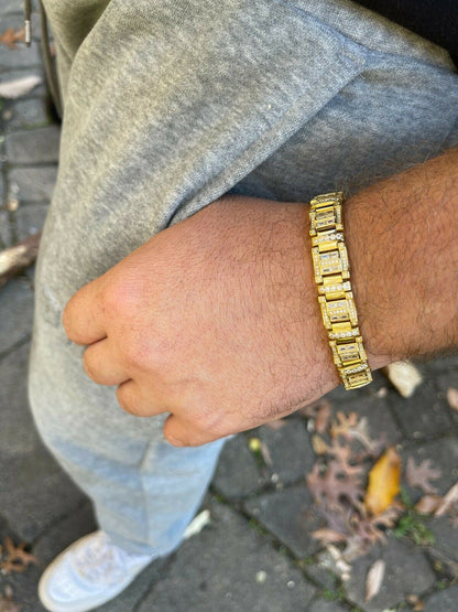 HarlemBling Mens Custom Link Real 14k Gold Vermeil Silver Bracelet Iced Baguette Out Diamond