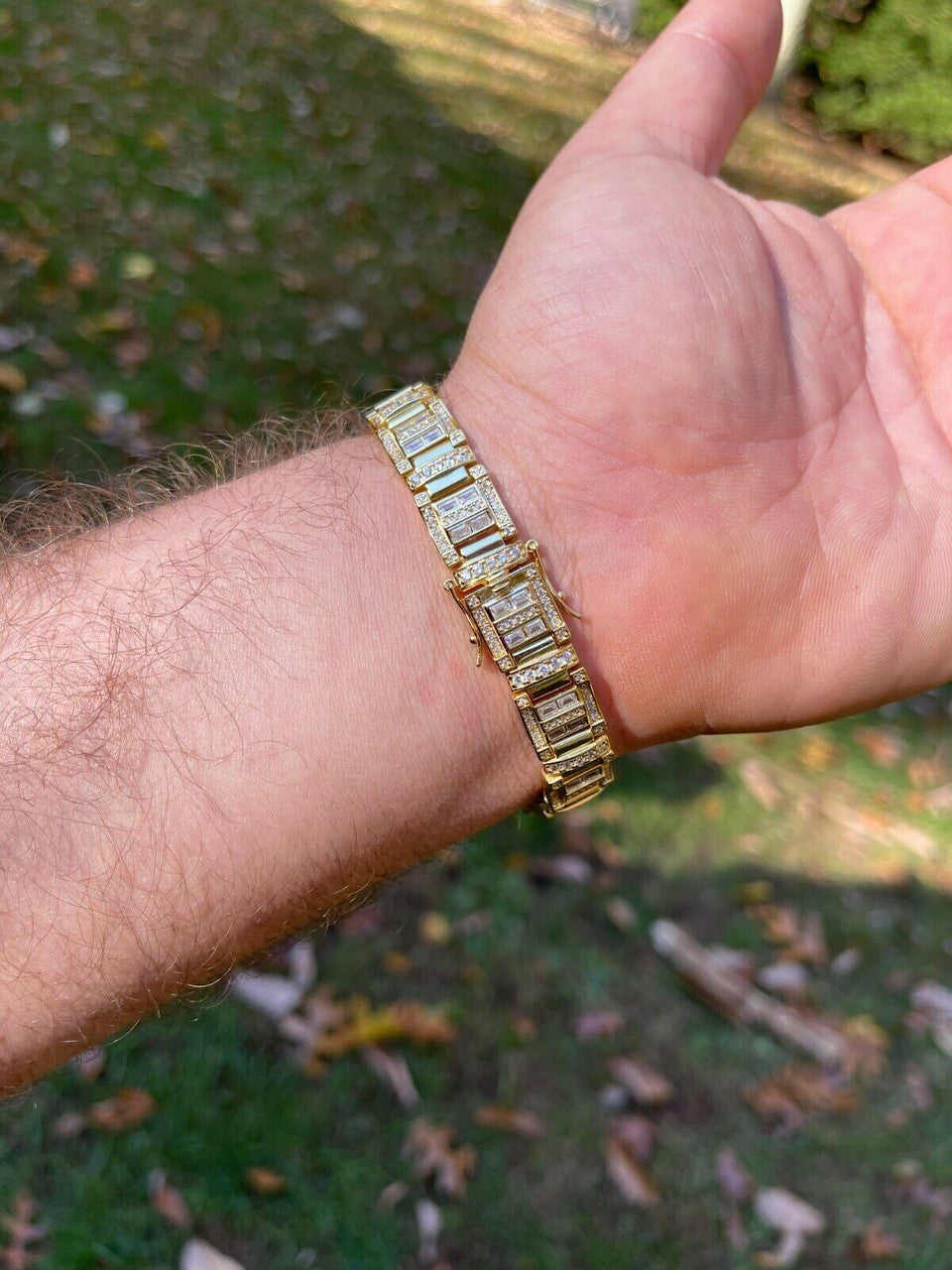 HarlemBling Mens Custom Link Real 14k Gold Vermeil Silver Bracelet Iced Baguette Out Diamond