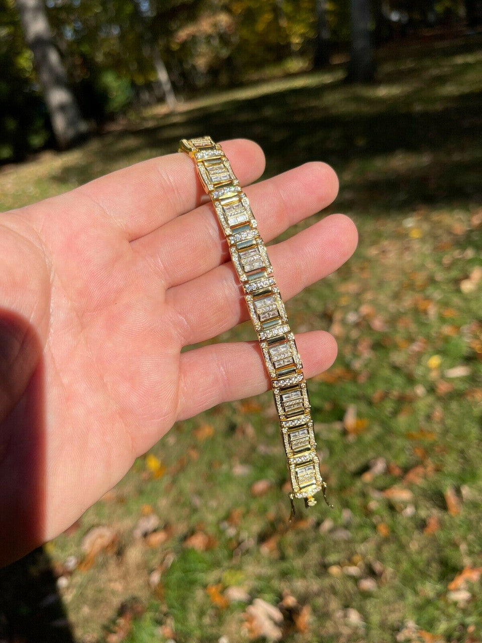 HarlemBling Mens Custom Link Real 14k Gold Vermeil Silver Bracelet Iced Baguette Out Diamond