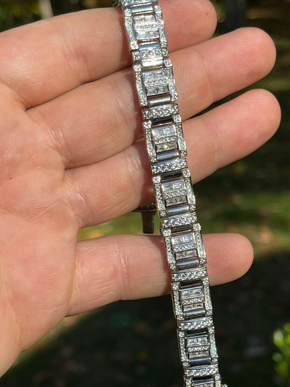 HarlemBling Mens Custom Link Real 925 Sterling Silver Bracelet Iced Baguette Diamond