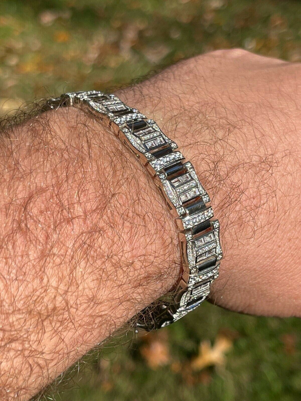 HarlemBling Mens Custom Link Real 925 Sterling Silver Bracelet Iced Baguette Diamond