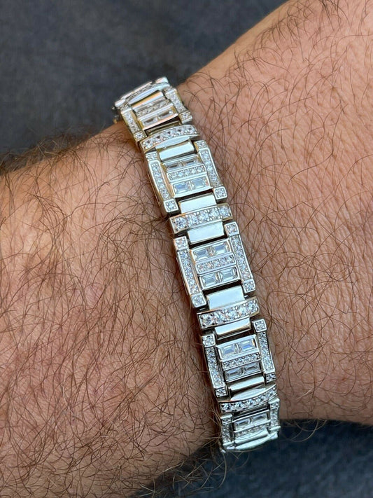 HarlemBling Mens Custom Link Real 925 Sterling Silver Bracelet Iced Baguette Diamond