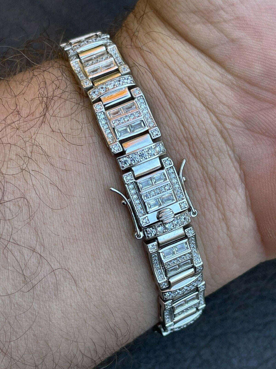 HarlemBling Mens Custom Link Real 925 Sterling Silver Bracelet Iced Baguette Diamond