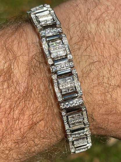 HarlemBling Mens Custom Link Real 925 Sterling Silver Bracelet Iced Baguette Diamond