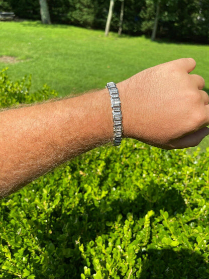 HarlemBling Mens Custom Link Real 925 Sterling Silver Bracelet Iced Baguette Out Diamond
